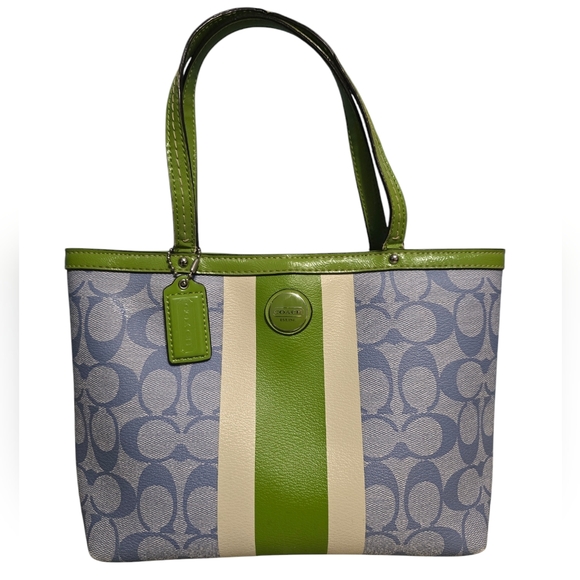 Coach Handbags - Coach Signature C Blue w/ Green & White Stripe Coated Canvas Small Satchel